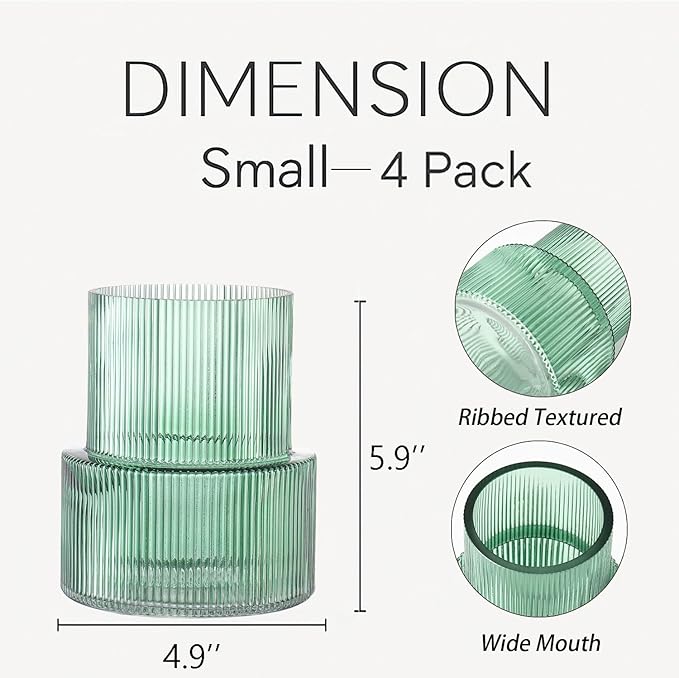 Ribbed Glass Vases, Set of 4 Small Vases for Flowers, Green Glass Vase for Tulips, Modern Vase for Living Room, Kitchen, Office, Entryway, Bookshelf, Wedding Gifts, Birthday, 6 Inches