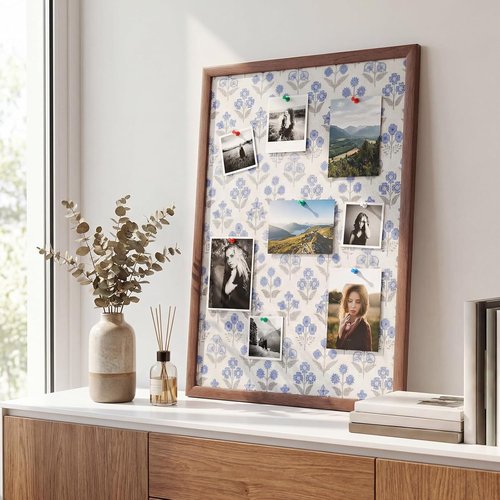 Leinuosen Cork Board - Decorative Floral Design with Blue Flowers | 17 x 23 Inch Framed Bulletin Board for Home, School, Office Decor