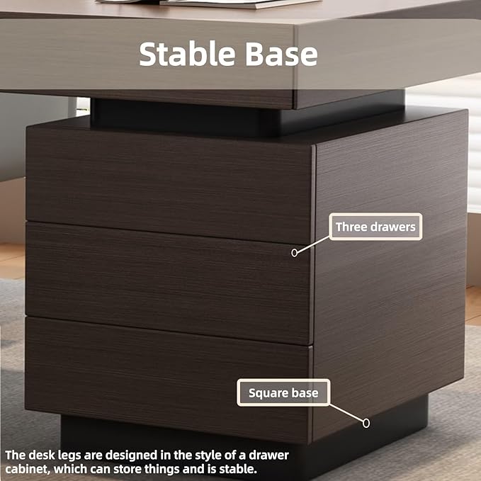 Modern Executive Desk with Drawers 55.11IN(Storage Base)(Wooden Texture) Home Office Desks Include Multi-Function Socket,Large Desktop