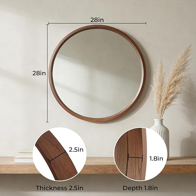 WallBeyond 28 Inch Round Wood Mirror, Large Circle Wooden Frame Wall Mirror for Bathroom, Living Room, Bedroom, Entryway (Walnut)