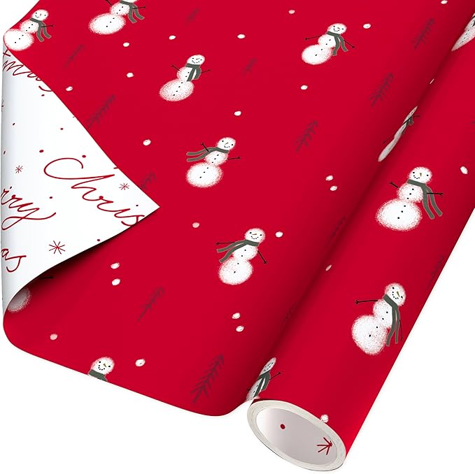 American Greetings Reversible Snowman Christmas Wrapping Paper Roll, Red and White Holiday Gift Wrap (60 sq. ft., 1 Standard Roll Wrap-30 in. x 24 ft.) Minimalist Design with Merry Christmas Script