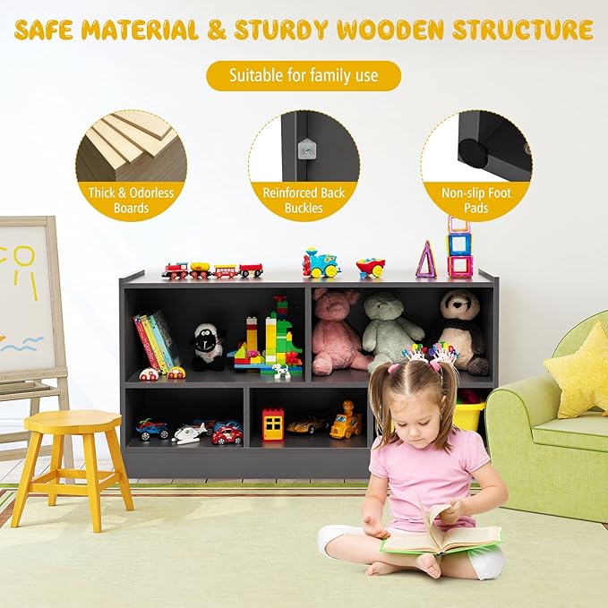 KOTEK Toy Storage Organizer, 5 Cubby Kids Bookshelf, Wooden 3-Tier Bookcase Storage Cabinet, Open Display Book Shelf for Daycare, Nursery, School Classroom, Playroom & Living Room (Grey, 5 Cubes)