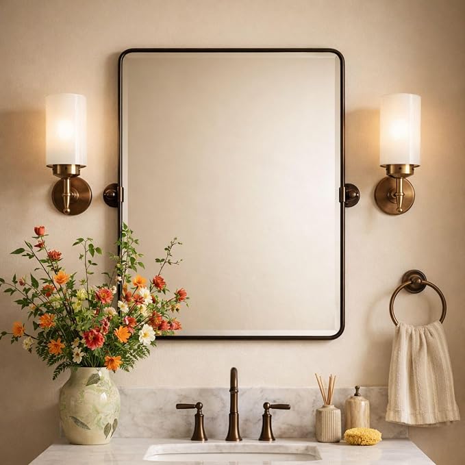 Farmhouse Pivot Rectangle Bathroom Mirror Brushed Nickel Metal Framed Tilting Beveled Vanity Mirrors for Wall, Overall 27.91x 30 inches (Mirrror 24 x 30 inches)