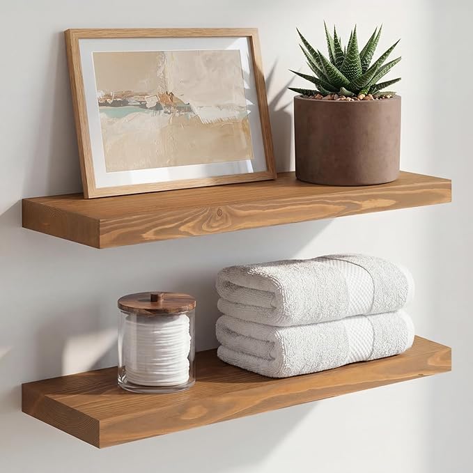 Homeforia 20 inch Golden Oak Floating Shelf, High End Solid Real Wood 20inch Small Floating Shelves for Wall Mounted, Oak Wooden 20in Floating Shelves, Heavy Duty Bracket, 20 X 6.5 X 1.75 in, Set of 4