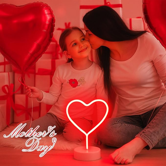 BHCLIGHT Red Heart Neon Sign, Valentines Day LED Neon Light Battery Operated or USB Powered Valentines Red Heart Lights, Table Lamp for Galentines Day Decorations, Wedding, Gifts for Women, Lover.
