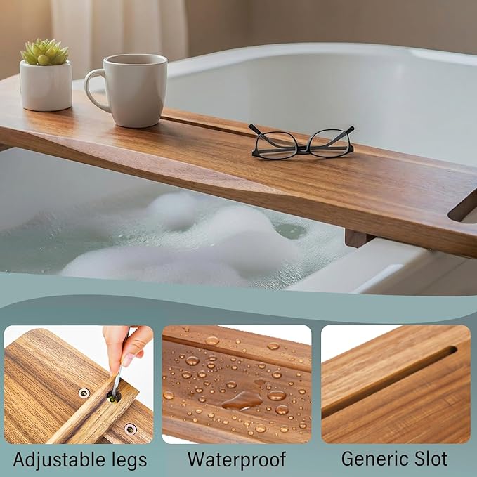 Acacia Wood Bathtub Tray Caddy for Freestanding Tub, 39" L with Handles Adjustable Bath Tray for Tub, Luxury Spa Bathroom Tray Organizer Table, Bath Tub Accessories for Women, Housewarming Gifts