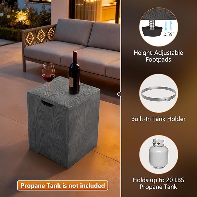 2-Piece 42" Rectangular Propane Fire Pit for Outside Patio with Hidden Tank Table, 50,000 BTU Fireplaces with Glass Wind Guard, Lid, Glass Rocks, Cover(Grey Wood Grain)