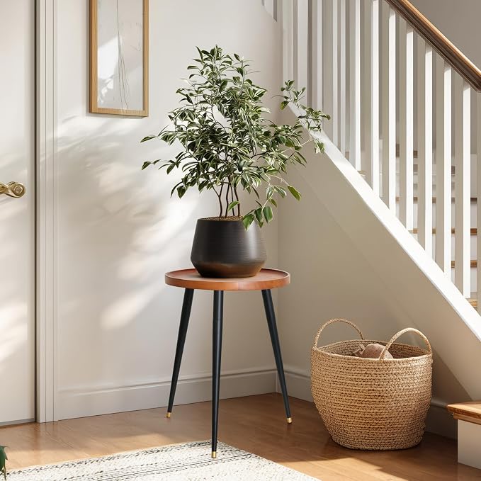 KINNARY Plant Stand Indoor, Mid Century Wood Plant Table Plant Holder with Raised Design,Heavy Duty Metal Tall Flower Pot Stand, Modern Home Decor Small Round Side End Table(11.8"x16")