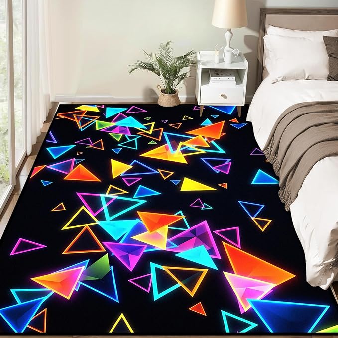 Triangle Area Rug 4'x6' Blacklight Glow in The Dark Geometric Rug Non-Slip Washable Colorful Neon Light Floor Mat for Bedroom Living Room Nursery Kitchen Playroom Home Decor