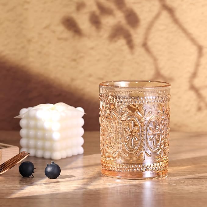 abrwyy Amber Glassware set of 4, Vintage Drinking Glasses, 10oz Heavy Duty Glass Cups, Colored Glassware Set, Embossed Glasses Set for Party Wedding Home Office Gift