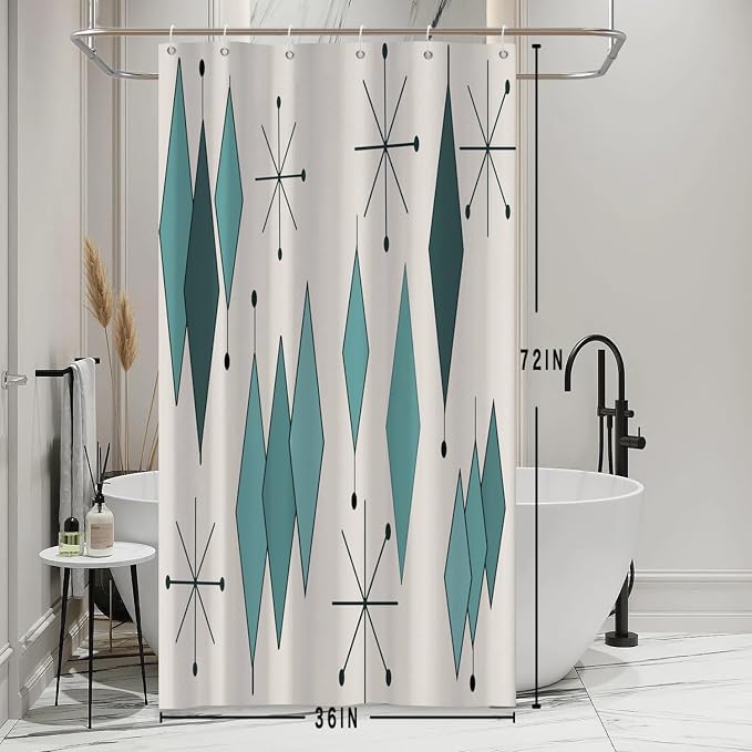 Mid Century Turquoise Shower Curtain Abstract Teal Diamond Geometric Atomic Starburst Pattern Beige Backdrop for 1950s Retro Bathroom Decor Shower Curtain Set with 12 Hooks, 36x72 Inches