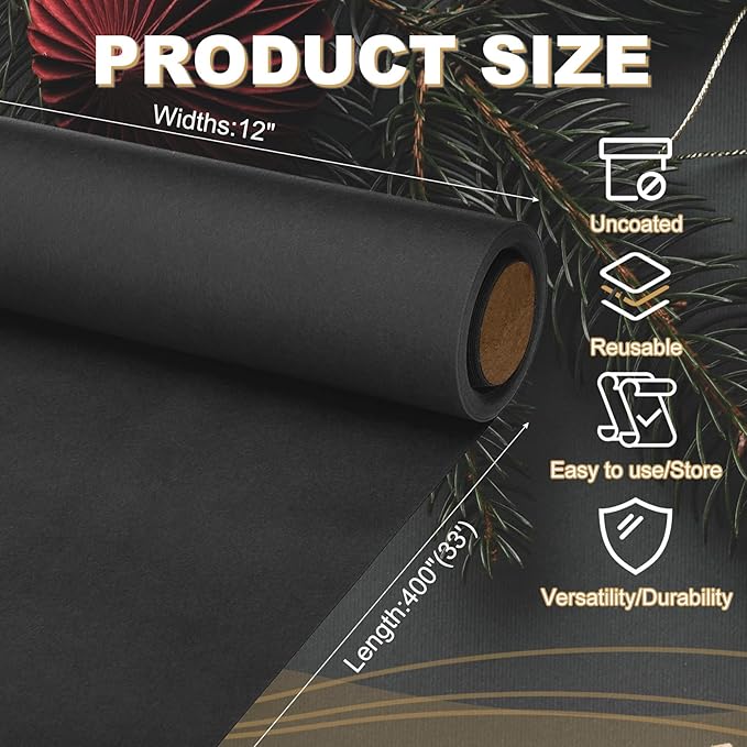 PATIKIL Wrapping Paper, 12"x400"(33') Bulletin Board Paper Roll Kraft Paper Roll Construction 80GSM for Shipping Packing Gift Wrapping Craft Flower Bouquet Christmas, Black