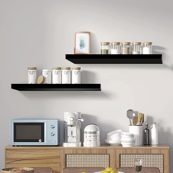 SAUMONIERES 24 Inch Floating Wall Shelves for Bedroom Bathroom Wall Mounted Solid Wood Shelf Storage Decor Set of 2, Black Floating Shelves