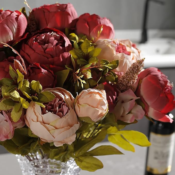Fule 2 Pack Large Artificial Peony Silk Flower Bouquets Arrangement Wedding Centerpieces (Dark Pink)