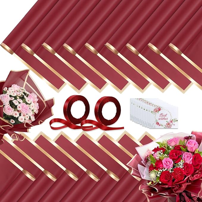 40 Sheets Dark Red Flower Wrapping Paper, Gold Edge Waterproof Floral Wrapping Paper, 22.8x22.8 inch Bouquet Paper Wrap with 2 Rolls Ribbon for Wedding Birthday Gift DIY Crafts Florist Supplies