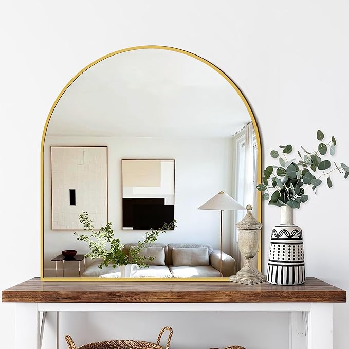 FICTOR Bathroom Mirror for Wall, Arched Vanity Bathroom Mirror for Over Sink, Metal Framed with HD Shatter-Proof Glass for Entryway, Living Room,Bedroom(30” x 32”, Gold)