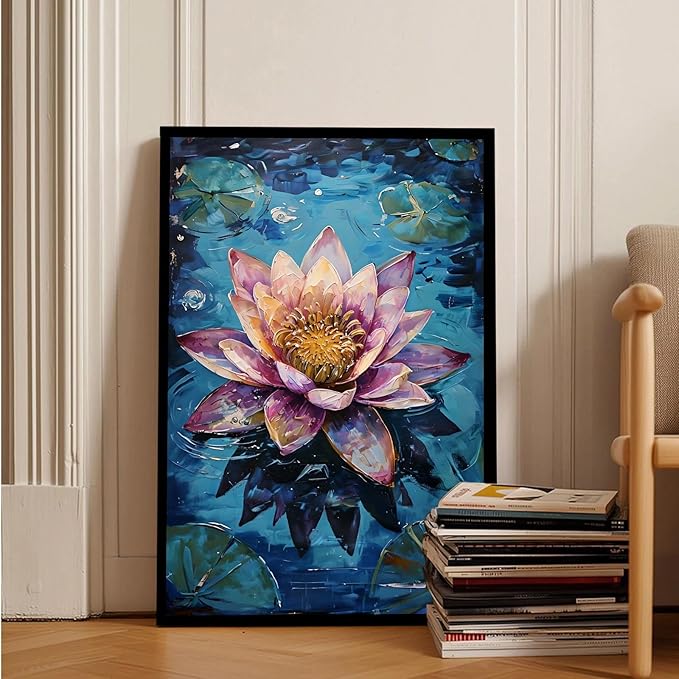Gorgeous pink and purple water lilies on deep blue water Eye-catching oil painting Serene aquatic wall art for modern home decor 24x36in Metal blackFramed