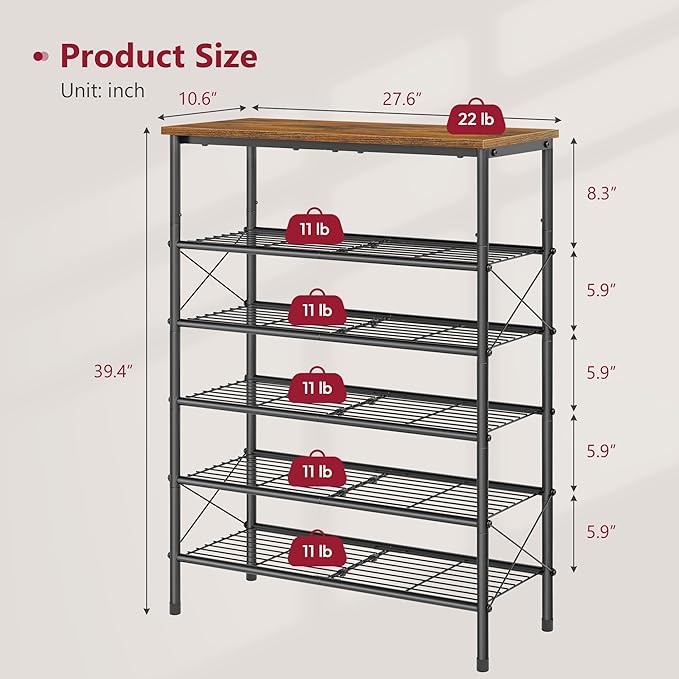 Tajsoon 6 Tier Free Standing Shoe Rack for 20-24 Pairs, X Shape Fixed Frame Metal Mesh Shoe Rack for Closet, Rustic Brown & Black