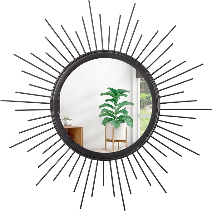 Black Sunburst Spoked Mirrors for Wall Boho Home Round Wall Art Mirror Classic Metal Modern Hanging Mirror Living Room Hallway Bathroom Bedroom Office Vanity Entryway 16"
