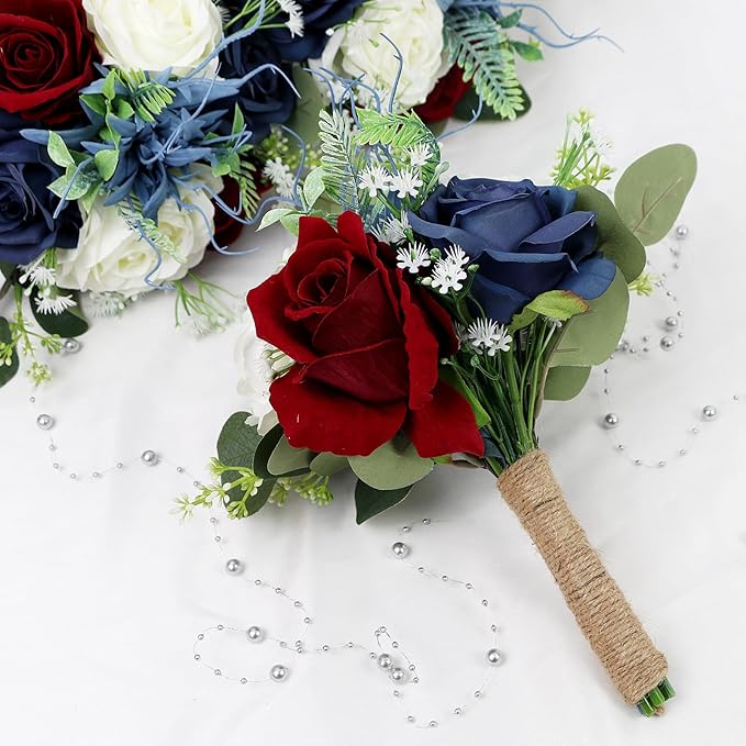Set of 4 Bridesmaid Bouquets for Wedding - 7 Inch Artificial Flowers Bouquets for Ceremony Anniversary Centerpieces Decorations - Burgundy & Navy Blue & White