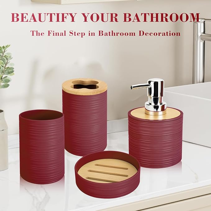 4 PCS Burgundy Bathroom Accessories Set, Includes a Soap Dispenser, Toothbrush Holder, Soap Dish and Mouthwash Cup, Plastics & Bamboo Bathroom Set, Bohemian Style Bathroom Sink Set