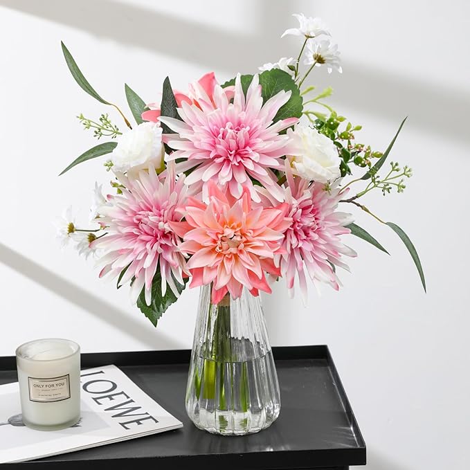 Artificial Flowers with Vase – Faux Silk Dahlia & White Roses Floral Arrangement, Elegant Fake Flower Bouquet for Wedding, Home Décor, Dining Table Centerpiece, Office, Farmhouse Decoration