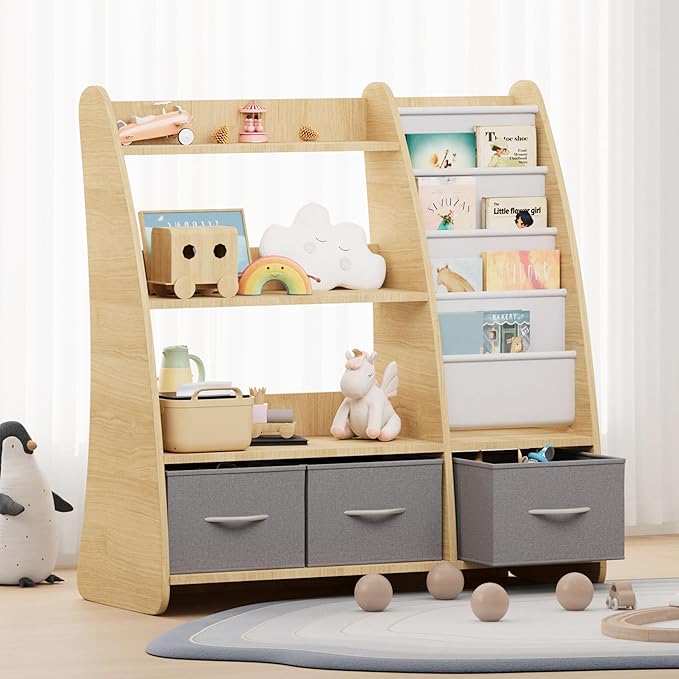 NACHES Kids Bookshelf and Toy Storage Organizer, Montessori Nursery Book Shelves with Sling Rack & Fabric Toy Bins, Toddler Baby Bookcase, Wooden Toy Shelf for Kids Room, Playroom, Sail-Burlywood