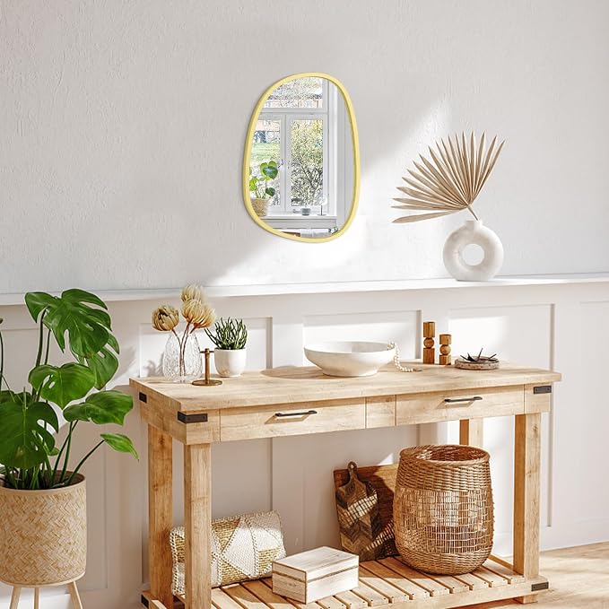 Wooden Asymmetrical Irregular Wall Mirror - Unique Modern Shape - Wall Mounted - Artistic Decorative for Living Room, Bedroom, Bathroom, Entryway & Hallway - 14"x10"