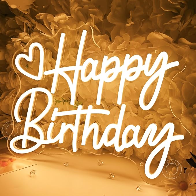 SYLHOME Happy Birthday Led Neon Light Sign Heart Birthday Party Bedroom Wall Sign Decor Banner Birthday Backdrop Light Up Sign 15.75" X 11.81" USB Dimmer Warm White 5V