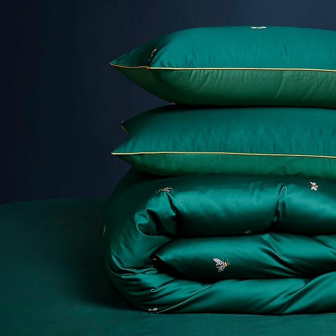 mixinni Dark Green Duvet Cover King Size, 100% Long Staple Cotton Honeybee Floral Pattern 3pc Bedding Duvet Cover Set with Zipper Ties 2 Pillowcases Perfect for Him and Her-King Size