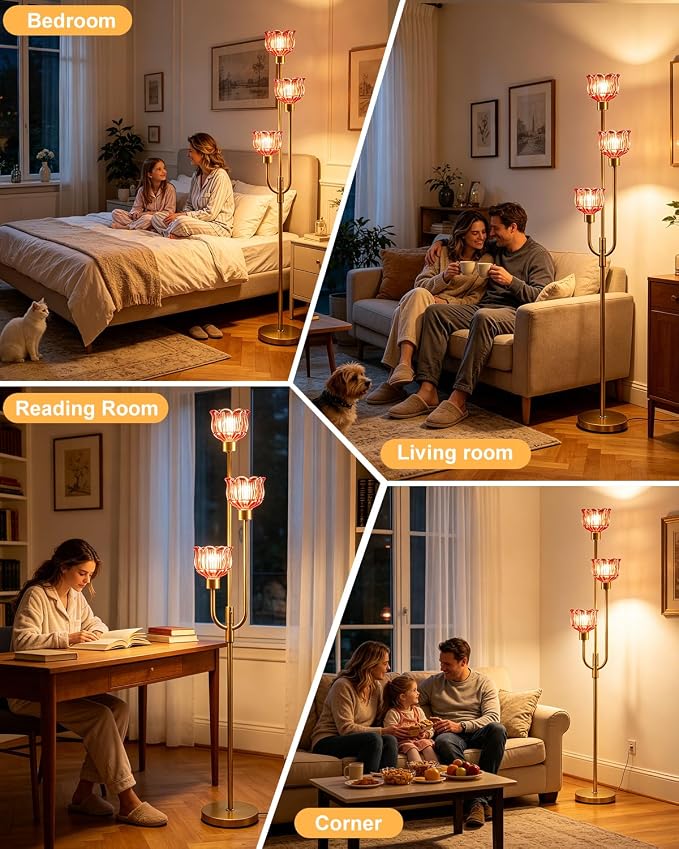 Lightdot 3-Lights Modern Glass Floor Lamp 66IN Gold Dimmable Floor Lamps with 3000K Warm White Bulbs for Wedding Party Tall Standing Lamp with Deep Red Glass Shade for Living Room/Bedroom/Home Decor