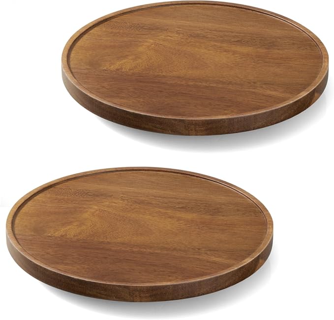 2 Pack 10" Acacia Wood Lazy Susan Turntable Organizer for Cabinet, Round Serving Tray Decorative Tray Vintage Centerpiece Candle Holder Tray, Farmhouse Tray for Kitchen Countertop Coffee Table Decor
