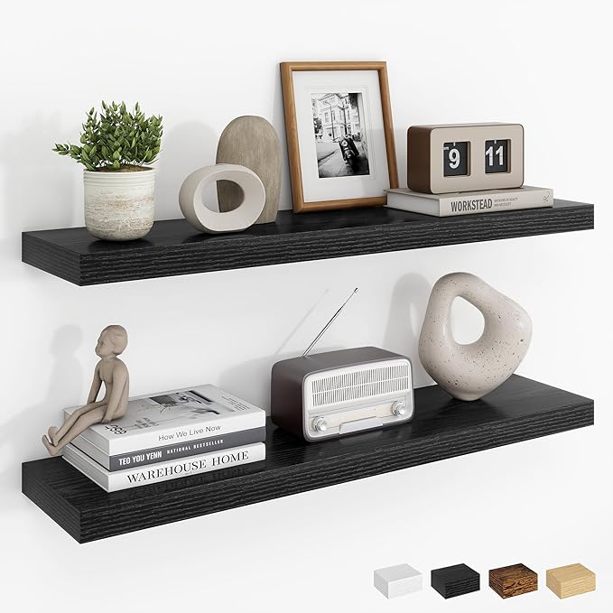 Dreamland 30Inch Floating Shelves for Wall, Rustic Wooden Black Floating Shelves for Bathroom|Bedroom|Kitchen, Deep Wall Mounted Book Shelf, Wood Storage Display Shelf for Home Decor, Set of 2