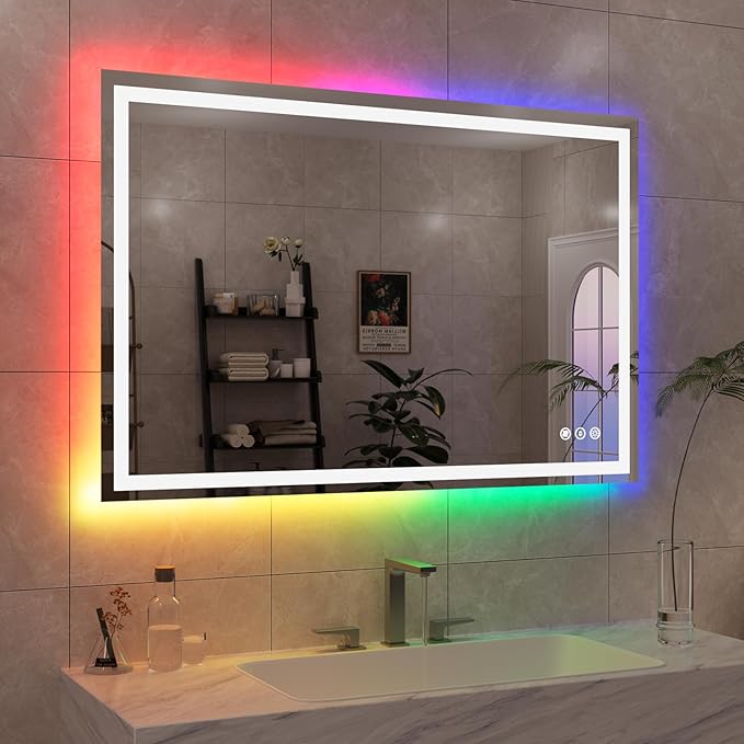 WTTY LED Bathroom Mirror 48"x32" with RGB Backlit and Front Light,Stepless Dimmable LED Mirror for Bathroom,Colored Lighted Bathroom Vanity Mirror,Anti-Fog,Memory Function,Shatter-Proof