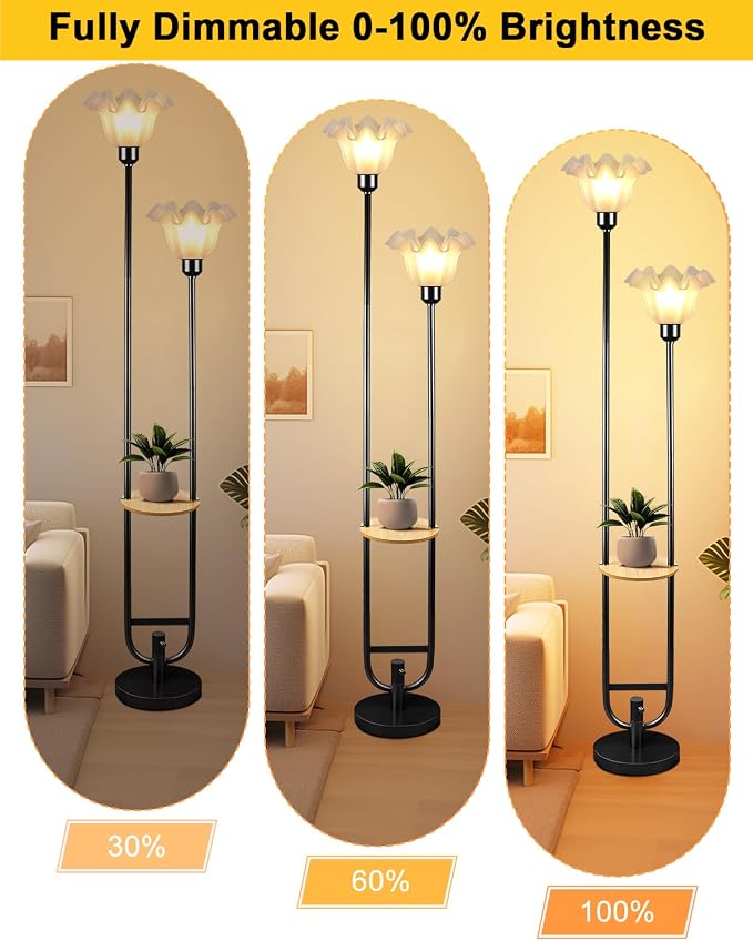 Flower Floor Lamps with Table, 2-Lights Floral Floor Lamp Dimmable, 3000K Warmwhite Modern Floor Lamp, Vintage Black Standing Lamp with 5Lbs Heavy Base for Living Room Bedroom Girls Room