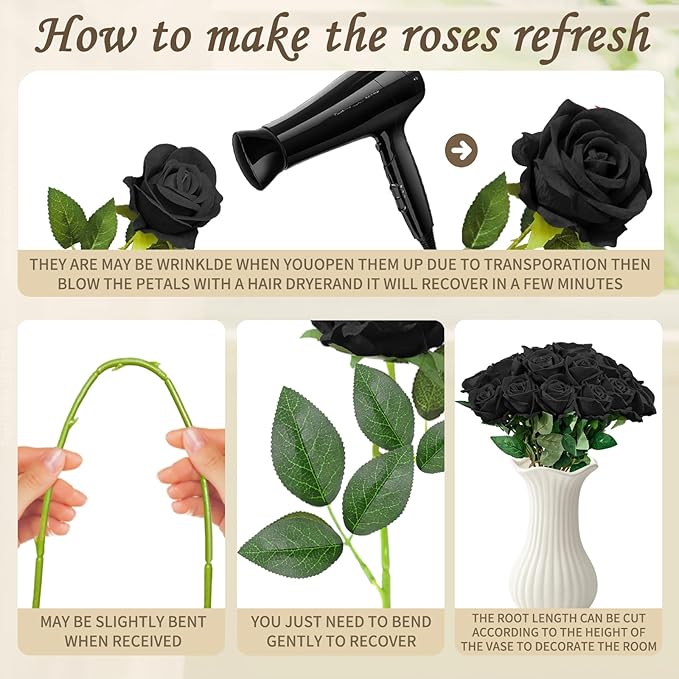22 Pcs Artificial Roses - Realistic Velvet Flowers with Stems, Bulk Faux Roses for Home Wedding Party Decor (Black)