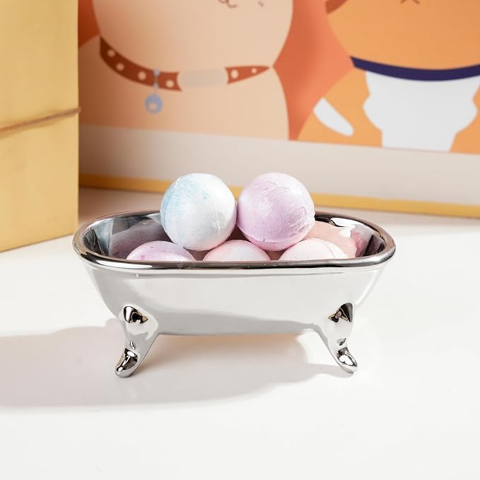 6.7" Ceramic Mini Clawfoot Bathtub Bar Soap Dish, Decorative Bar Soap Holder, Soap Tray Sponge Holder for Shower, Bathroom & Kitchen Sink (Silver)