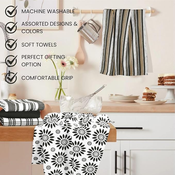 Assorted Kitchen Towels Large 16x26 inches 100% Cotton Set of 5 - Soft Absorbent Washable Tea Towel for Kitchen - Dish Cloths with Hanging Loop - Quick Drying Dish Towels Black