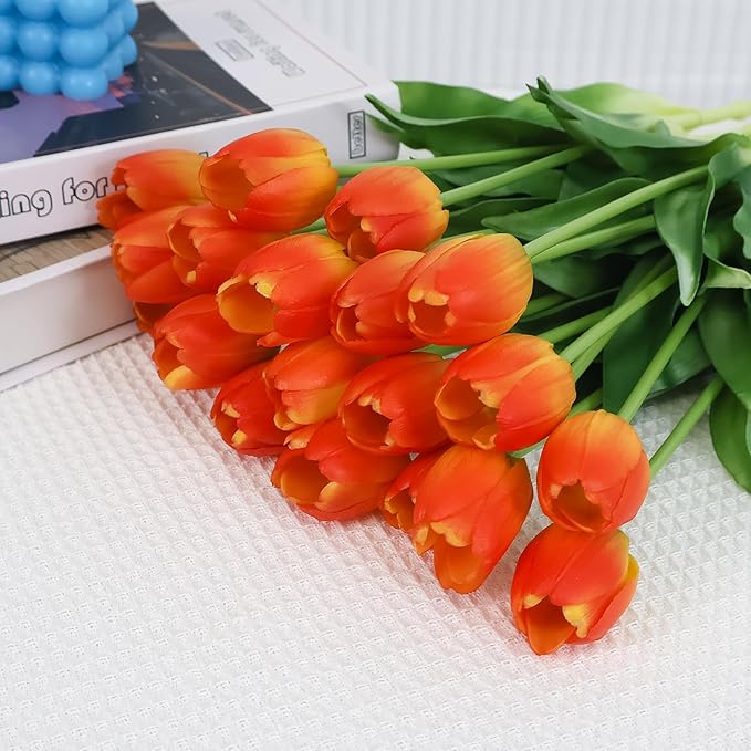 20 Artificial Tulips in Fluted Glass Vase, Waterproof Faux Flowers Bouquet for Wedding Home Office Decor, Table Centerpiece, Housewarming Birthday Gift Set (Orange)