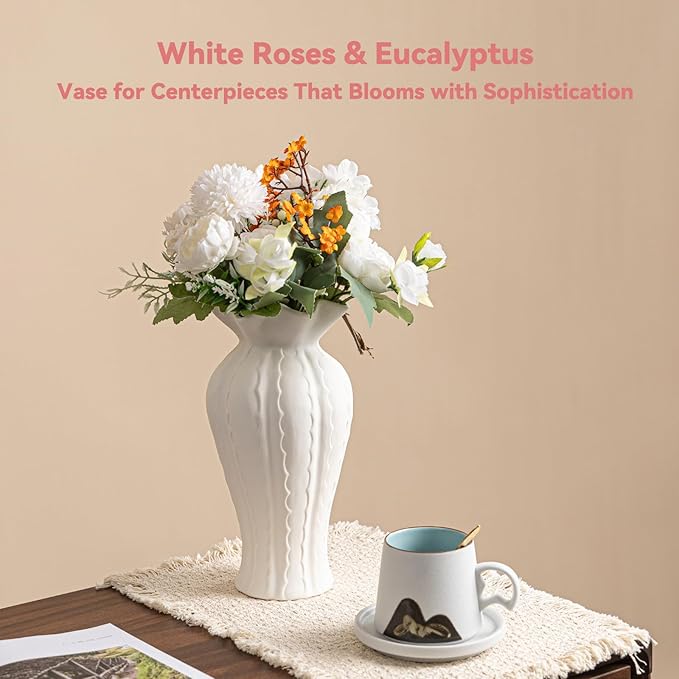 Sculptural Lily Vase - White Matte Ceramic with Ruffled Rim & Wave Texture, 10.2" Unique Flower Vase for Pampas Grass/Centerpieces, Decorative Vase for Living Room/Office, Ideal Gift for Art Lovers