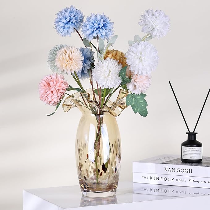 Hand Blown Amber Glass vase, Unique Glass Wide Mouth vase for Console Office TV Stand Coffee Table entryway Entrance Desktop Living Room Dining Table Centerpiece.