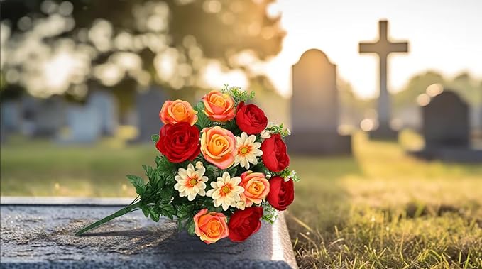 Hollyone Set of 2 Artificial Cemetery Flower for Graves Red Orange Cemetery Memorial Flowers for Outdoor Grave Decorations Silk Flower Arrangements Rose Ranunculus Gerbera Floral Flowers Bouquets