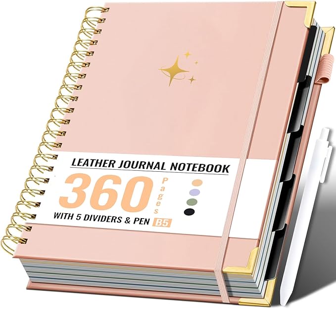 FLYING EAGLE Leather Spiral Notebooks for Work 5 Subject Notebook College Ruled with Dividers Pen, 360 Pages B5 Hardcover Lined Journals for Women Men Writing,Pink