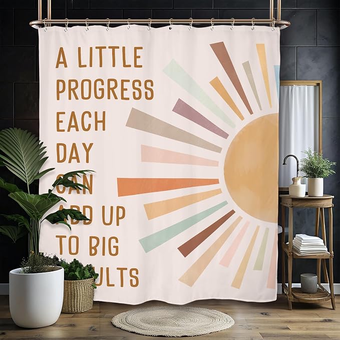 Miyotaa Sun Quotes Kids Shower Curtain Set 60Wx71H Inches Inspirational Motivational Positive Minimalist Pastel Aesthetic Polyester Waterproof Cloth Bathroom Curtain with 12 Hooks
