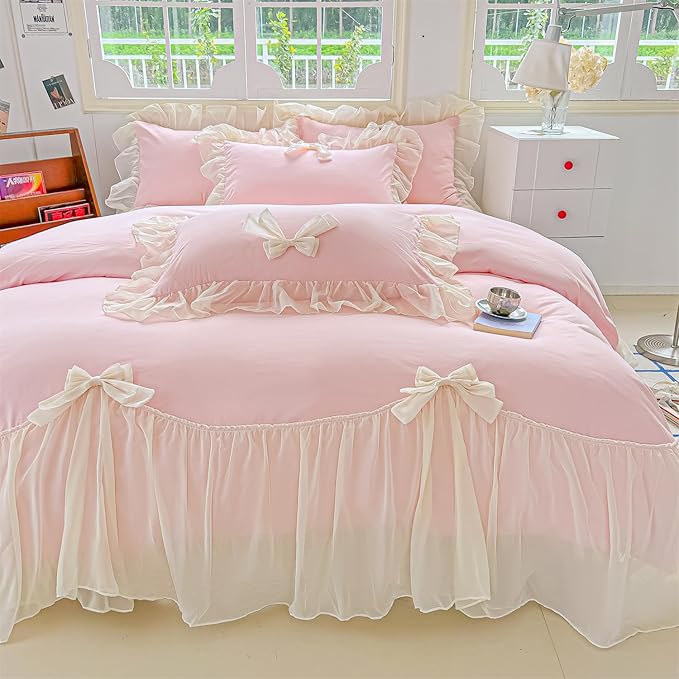 Girls Lace Bedding,Queen Comforter Cover Set, Chic Ruffled Duvet Cover with Lovely Bow,Princess Style 1 Duvet Cover with 2 Pillowcases, No Comforter-Pink,Queen Size