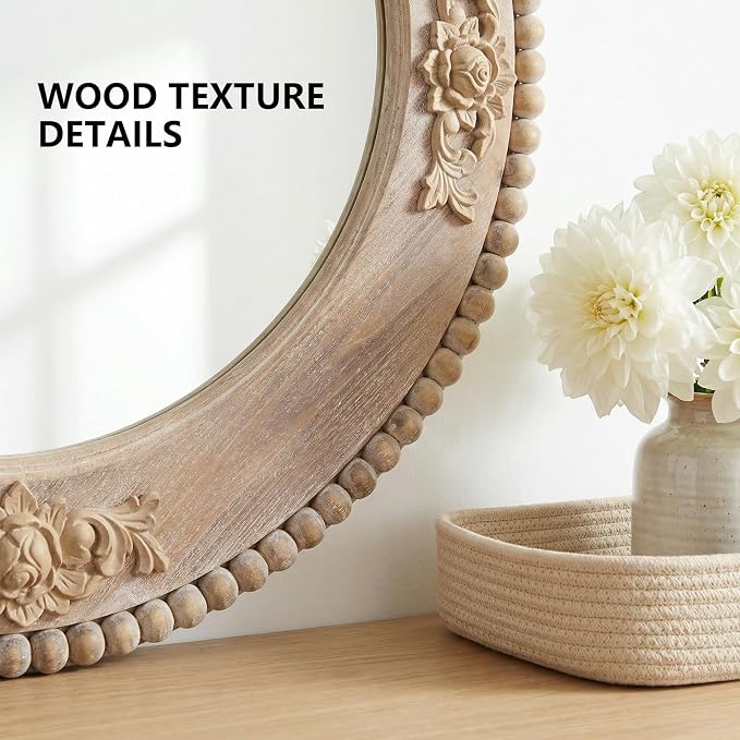 H HOMEWINS Rustic Round Mirror, 24" Wooden Circle Farmhouse Wall-Mounted Nature Beads Decor Mirror for Bedroom, Bathroom, Living Room,Vanity