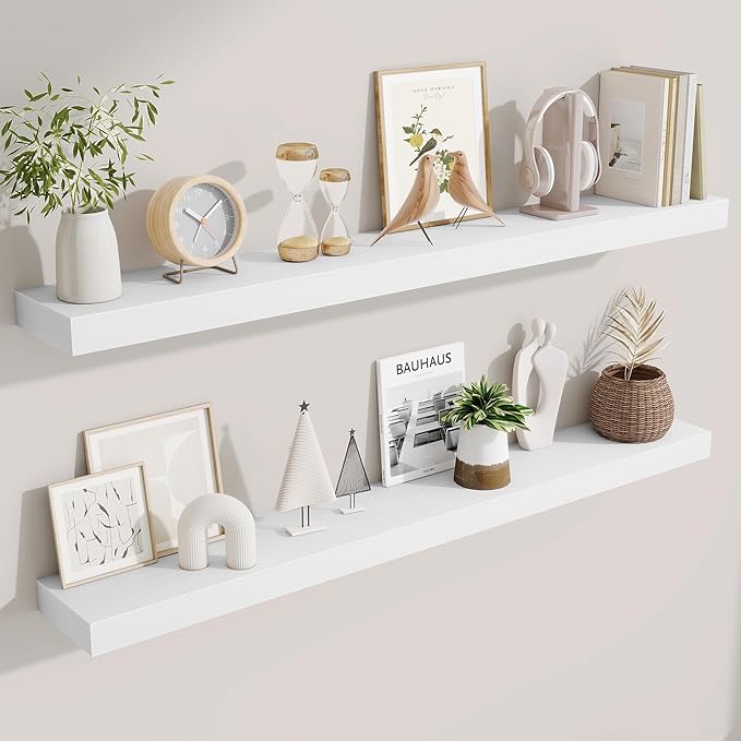 Fun Memories Floating Shelves 48 Inch, Extra Large Wood Shelf Set of 2, Hanging Wall Shelves for Bathroom, Living Room, Kitchen, Bedroom, White