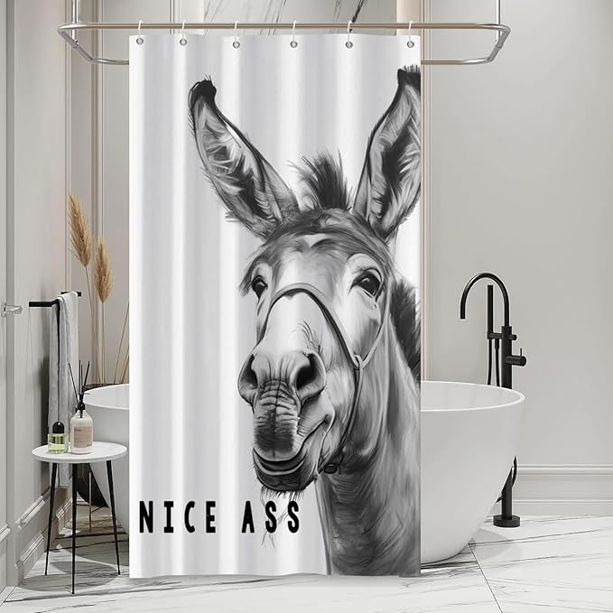 Funny Donkey Shower Curtains Joke Hilarious Animal Bathroom Curtain Rustic Farmhouse Cute Donkey White Shower Curtain Sets for Bathroom Extra Long 54x72 in with 10 Hooks