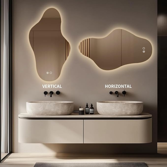 Modern Irregular LED Bathroom Mirror with Lights, Asymmetrical Frameless Smart Lighted Wall Mirror for Living Room Entryway, Large Decorative Makeup Vanity Mirror with Touch Switch(22.5″x39.4″)