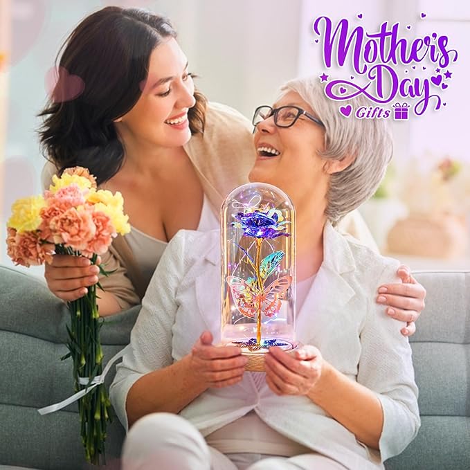 Beferr Christmas Birthday Gifts for Women, Mom Gifts for Christmas Galaxy Glass Rose Forever Preserved Flowers for Delivery Prime Rose in Glass Dome Xmas Gifts for Grandma Wife Sister Her, Purple